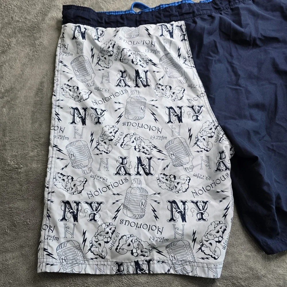 Notorious Big Swin Trunks Shorts Microphone NY Print Music Mens XL Navy Blue